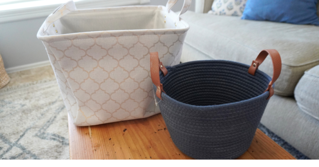 White with gold pattern clothe basket and blue woven basket