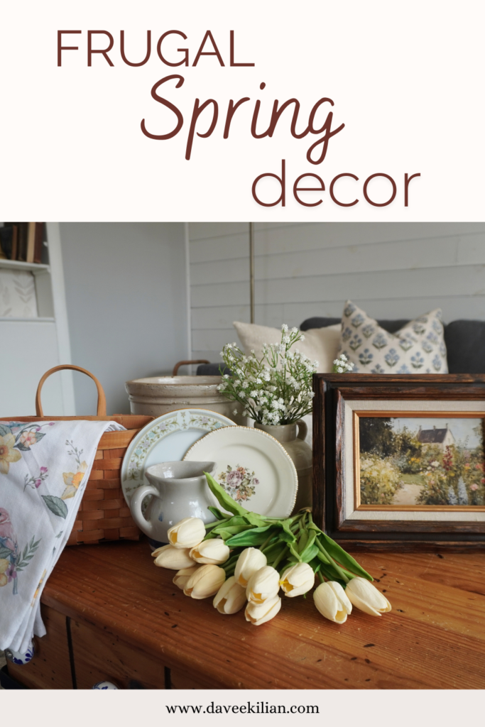 Spring decor pin with tulips, plates, baskets, crocks, artwork, linens and pillow covers for spring.