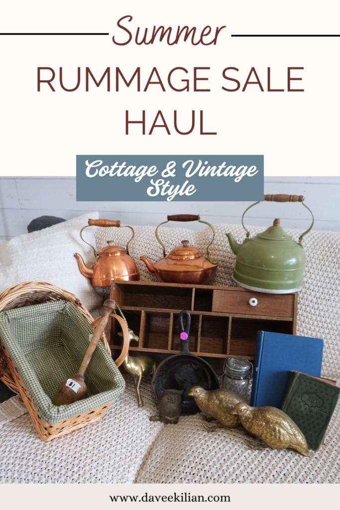 Rummage haul pin with arranged pile of vintage cottage style decor