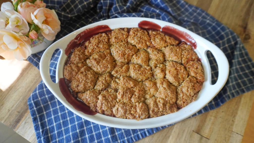 baked cobbler in baking dish