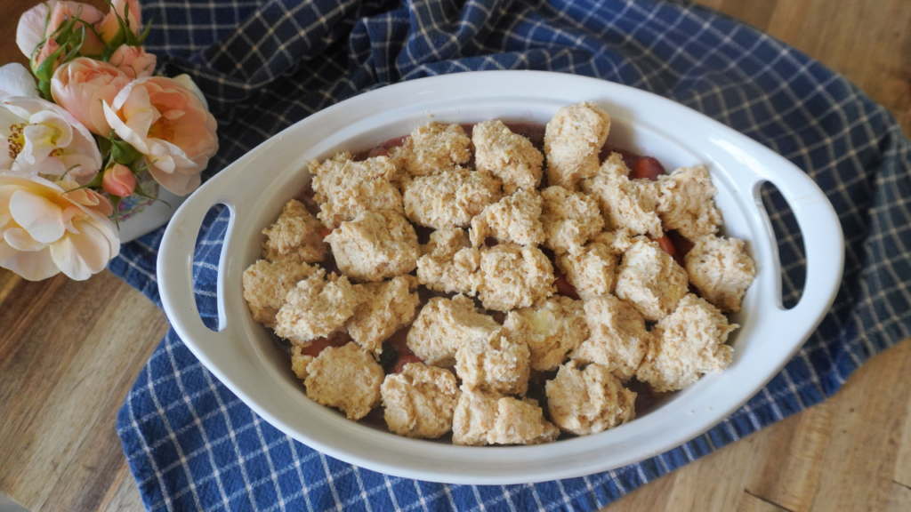 unbaked cobbler in baking dish